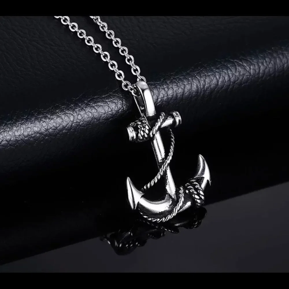 Stainless Steel Sea Anchor Mens Necklace in silver‎